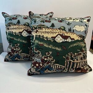 Set Of 2 Fall Autumn Thanksgiving Tapestry Throw Accent Pillows Scarecrow Apple